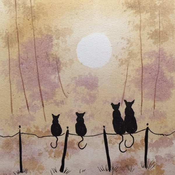 Original watercolour ‘Moonlight Cats’ by Stephen Allen