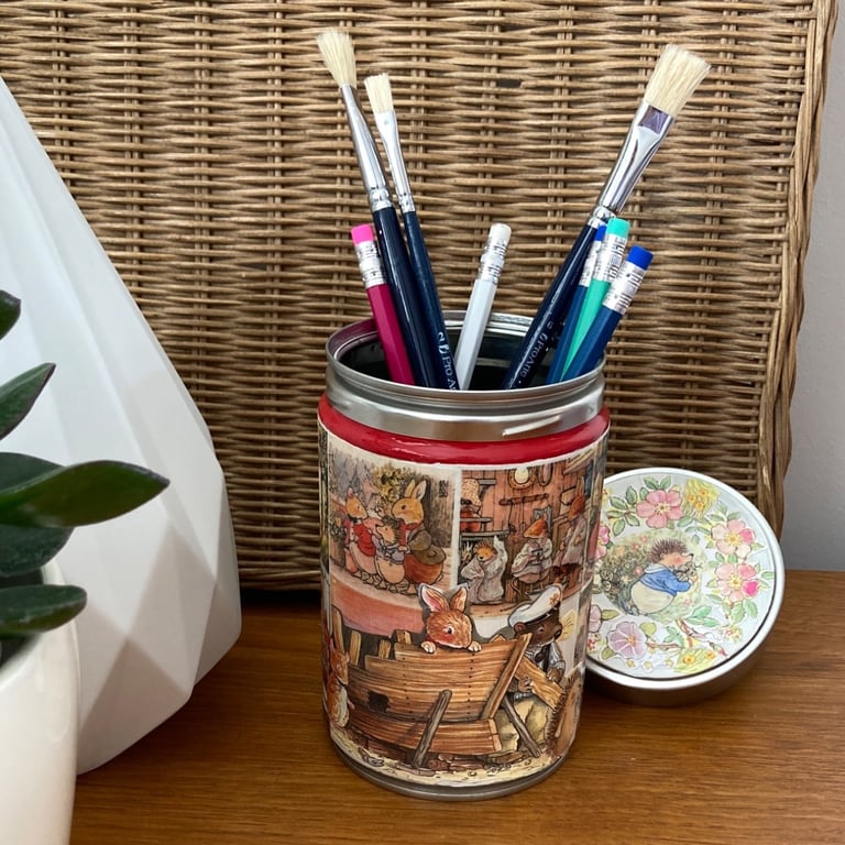 Bunnies Coffee Beans Tin Can Upcycled Decoupaged Storage Pencil Pen Pot Children
