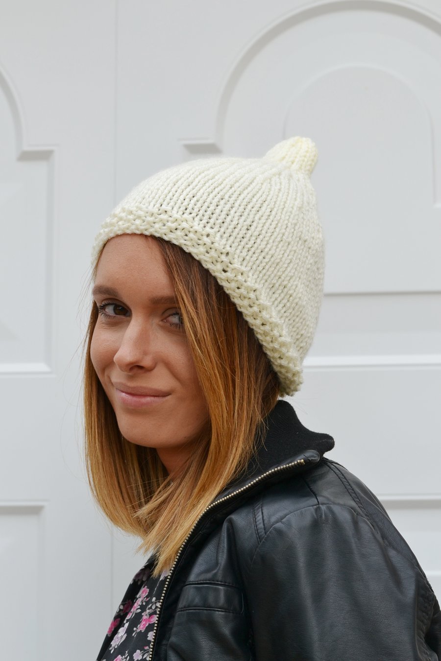 Hat Cream Womens Knitted Pixie Hat Chunky Knit Beanie