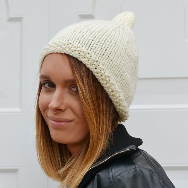 Hat Cream Womens Knitted Pixie Hat Chunky Knit Beanie