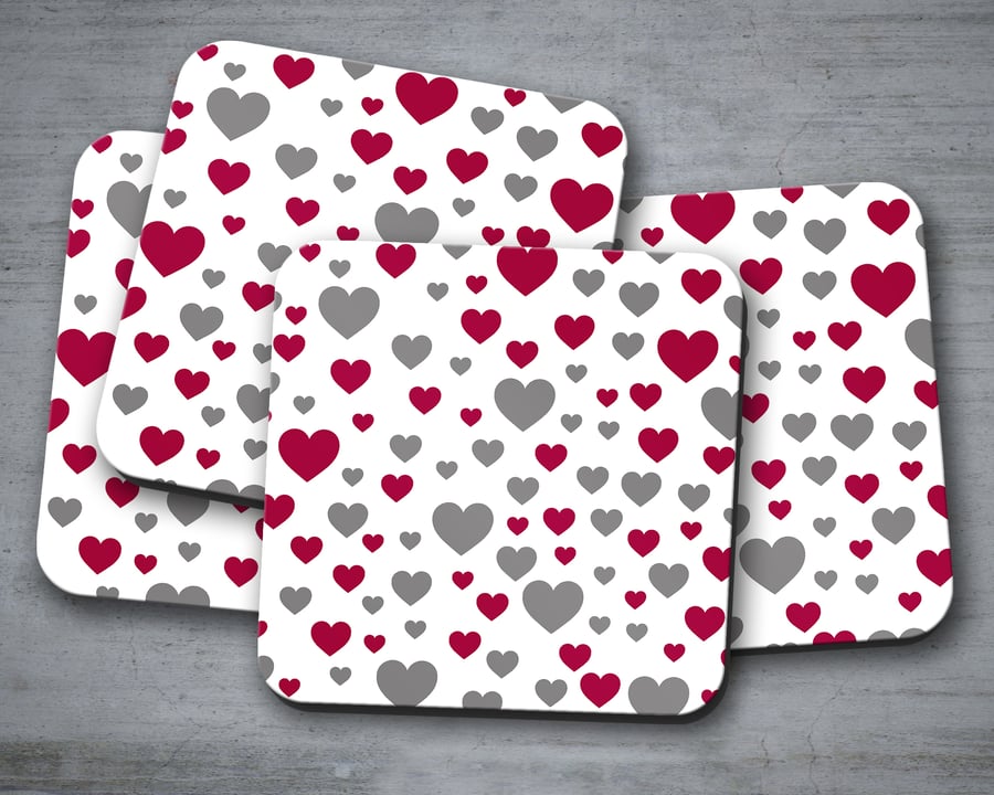 Set of 4 White with Red and Grey Hearts Design Coasters