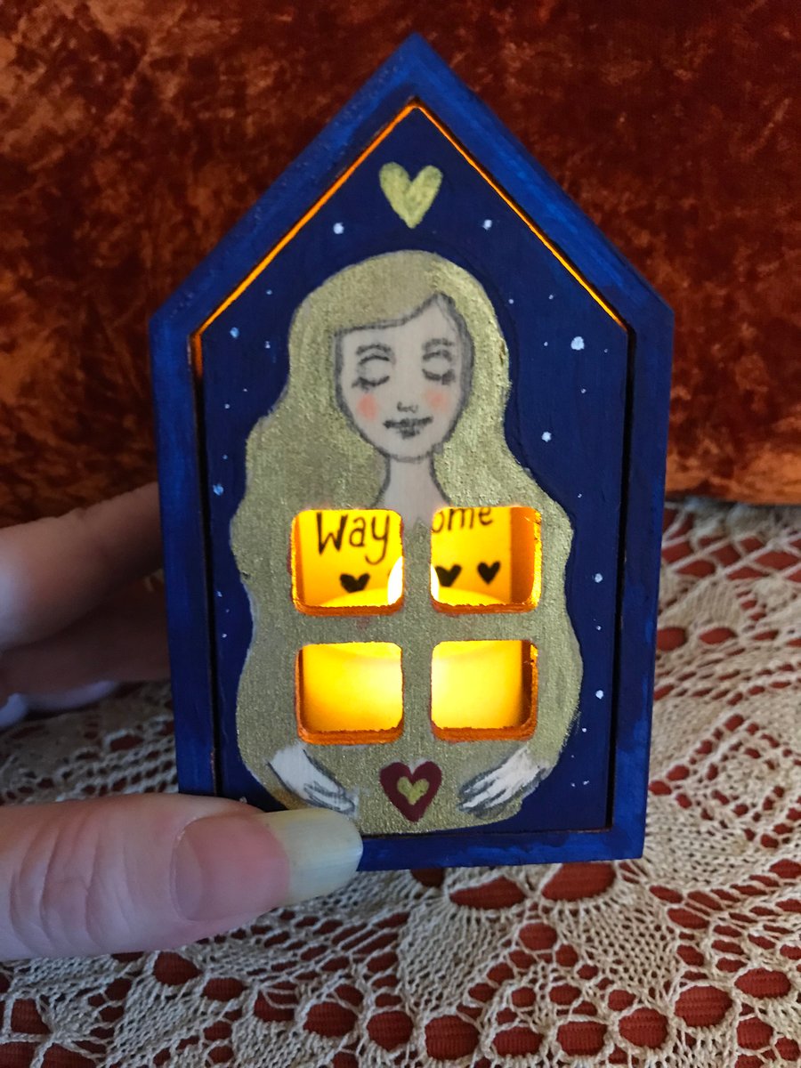 RESERVED FOR KARL Painted wooden house box with battery tealight