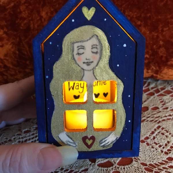 RESERVED FOR KARL Painted wooden house box with battery tealight