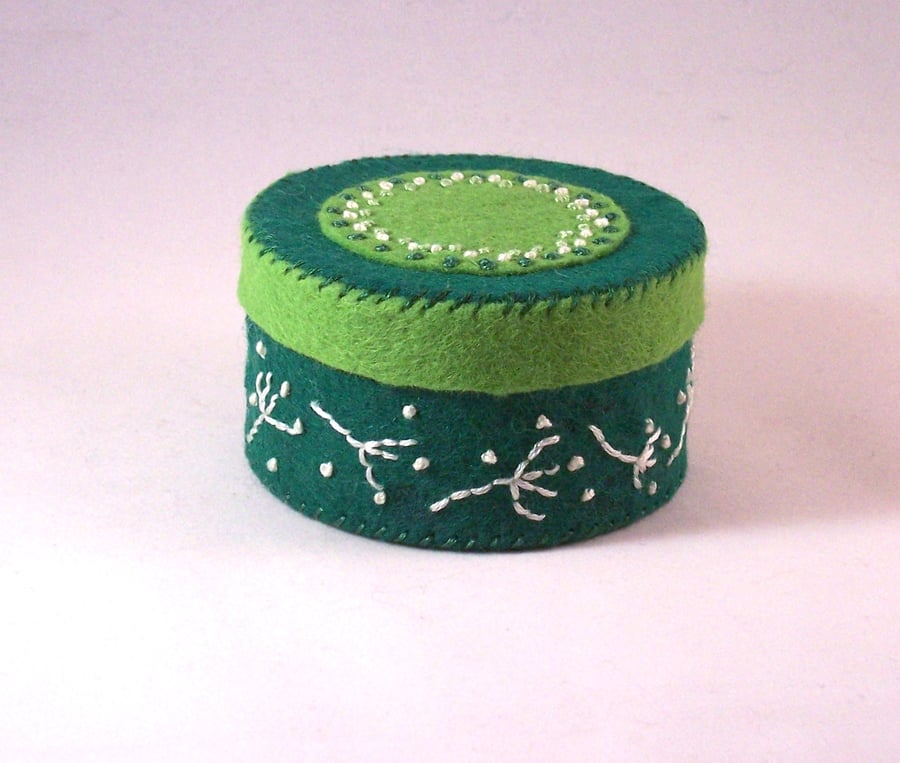 Green felt covered box with hand embroidery