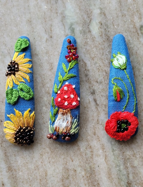 Hand embroidered pure linen hair clip navy blue sunflowers poppy floral summer h