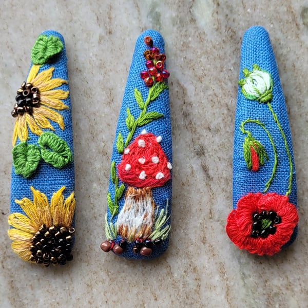 Hand embroidered pure linen hair clip navy blue sunflowers poppy floral summer h