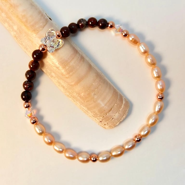 Freshwater Pearl And Jasper Bracelet With Swarovski Butterfly -Handmade In Devon
