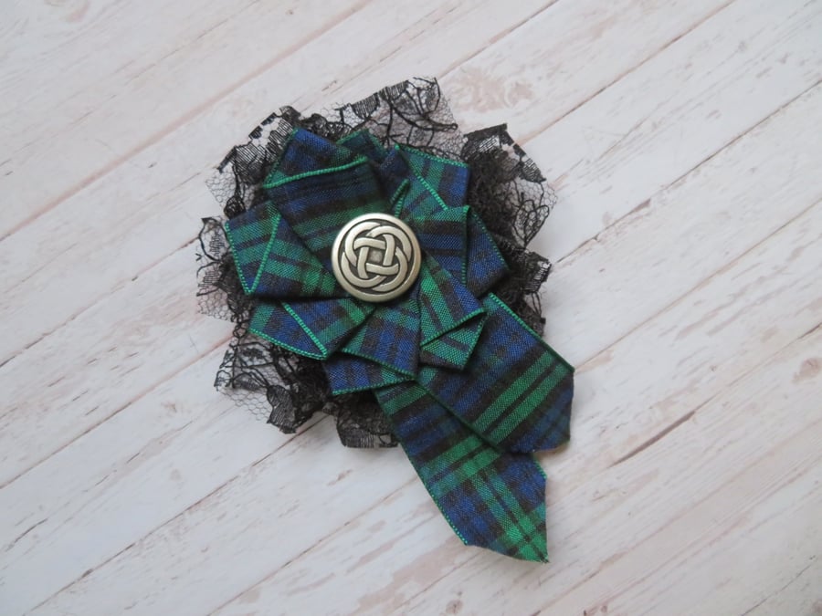 Black Watch Tartan Plaid Ribbon Ruffle Lace Rosette Celtic Brooch Corsage Pin