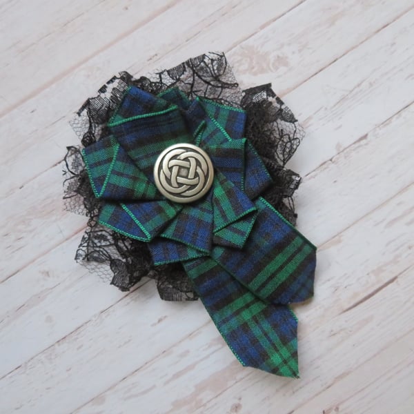 Black Watch Tartan Plaid Ribbon Ruffle Lace Rosette Celtic Brooch Corsage Pin