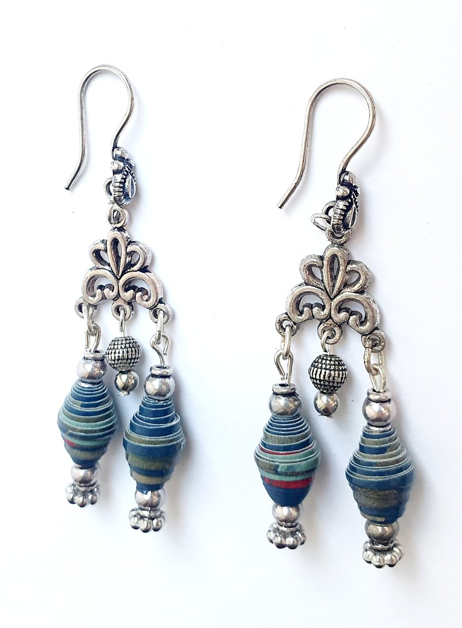 Chandelier earrings made with blue and red paper beads and antique silver beads