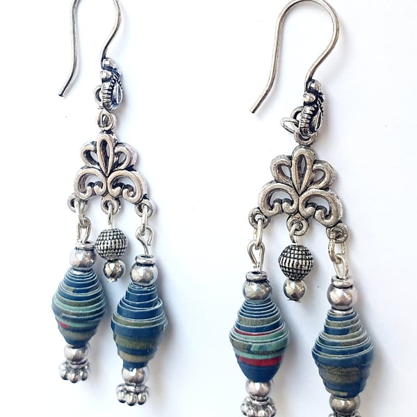Chandelier earrings made with blue and red paper beads and antique silver beads
