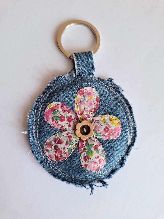 Denim flower keyring - pink