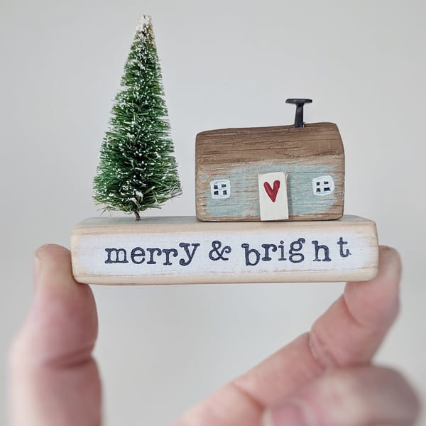 Little Wooden Handmade House in a Bag with Christmas Tree 'Merry & Bright' 