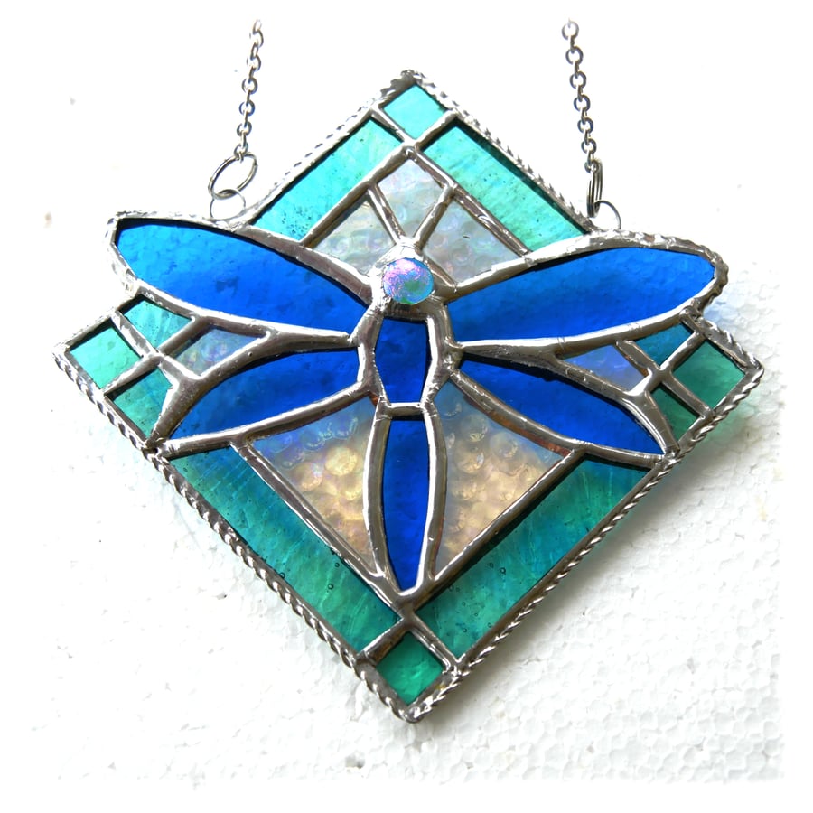 Dragonfly Framed Stained Glass Suncatcher Sky Blue Teal Tile