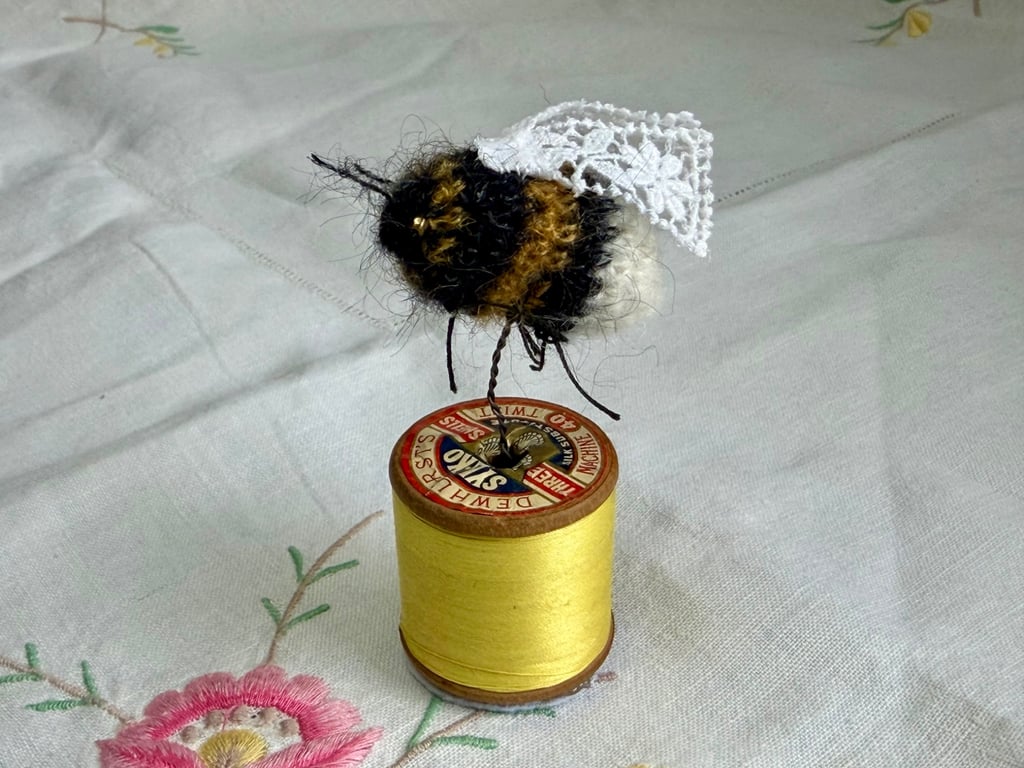 Mini Bobbinbee - Crochet Bee on a vintage wooden bobbin