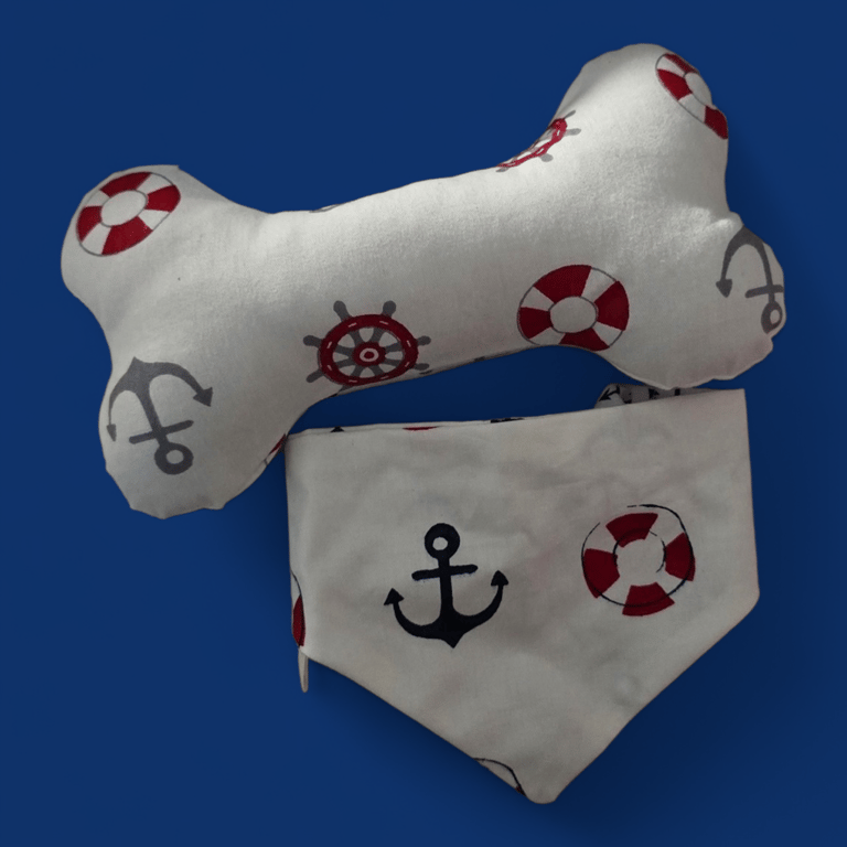Nautical personalised dog bandana with matching toy bone size S