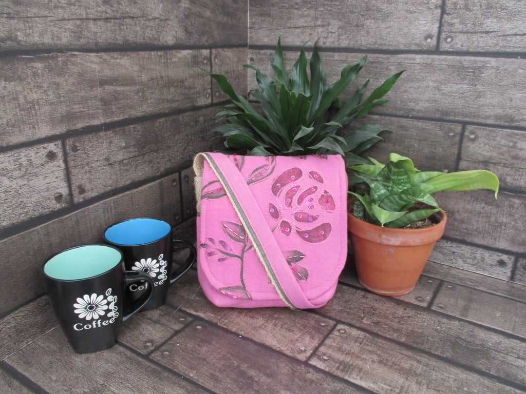 Upcycled Coffee Sack -  Mini Shoulder Bag -  Pink and grey embroidered fabric