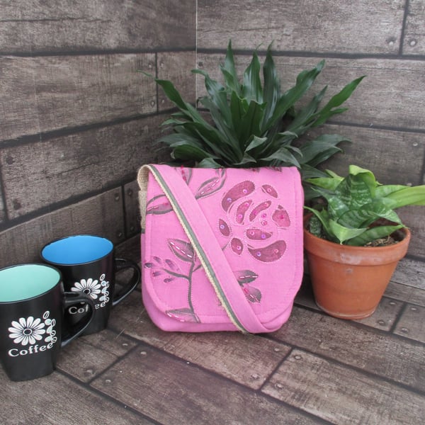 Upcycled Coffee Sack -  Mini Shoulder Bag -  Pink and grey embroidered fabric
