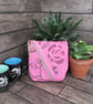 Upcycled Coffee Sack -  Mini Shoulder Bag -  Pink and grey embroidered fabric