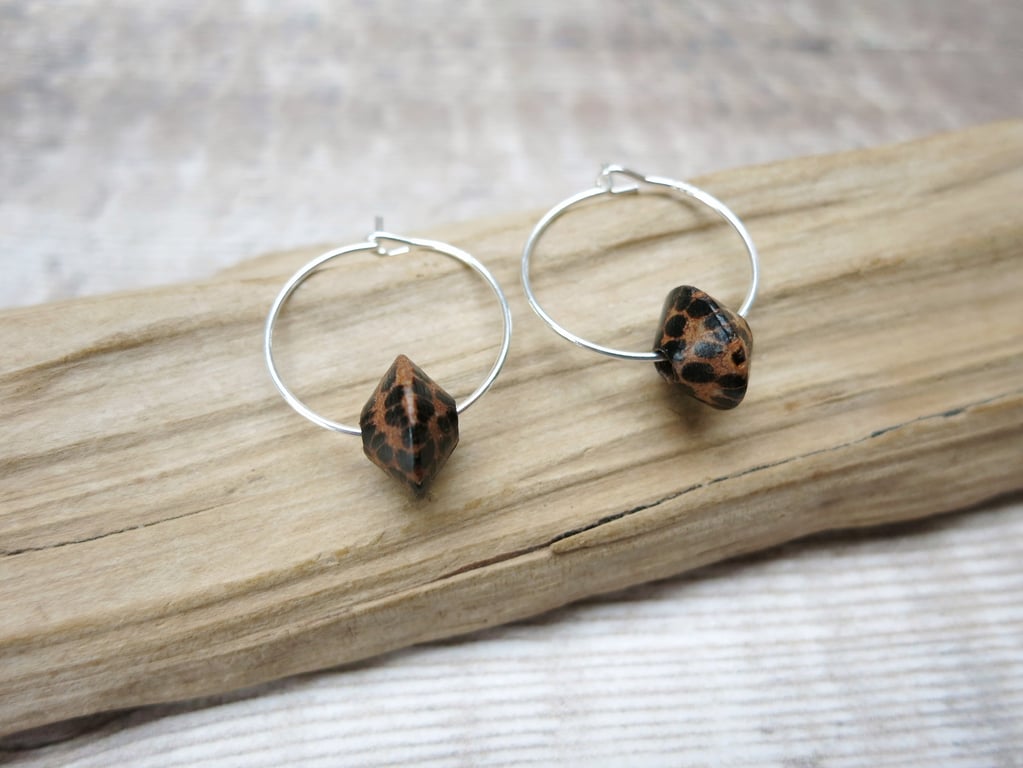Leopard Print Wooden Beads on Sterling Silver Hoop Earrings - 18mm