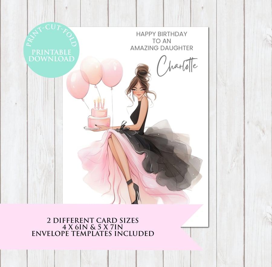 Pink Balloons Birthday Card Template Canva Editable (Digital Download)