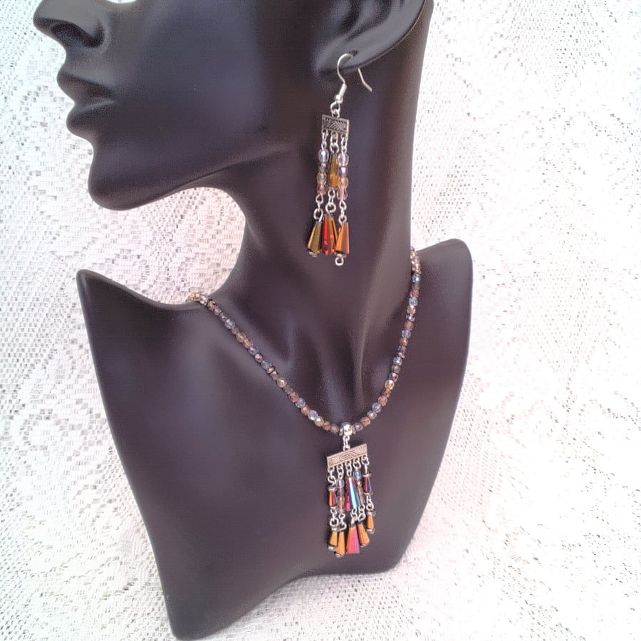 Cone Beads and Crystal Pendant on a Crystal Necklace with Matching Earrings