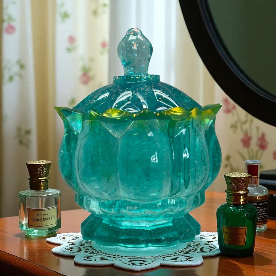 Handmade Resin Trinket Jar - Turquoise with Yellow Petal Detail