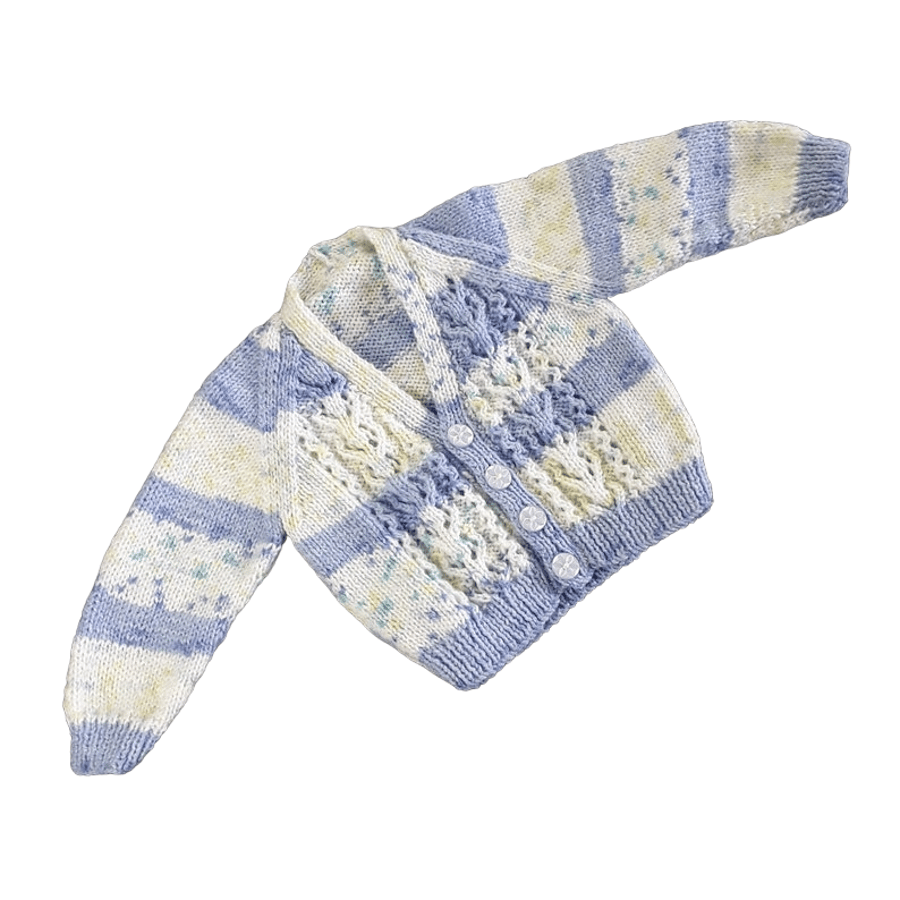 Hand Knitted Baby Cardigan, Blue and Cream V-Neck, 6-12 Months, Seconds Sunday