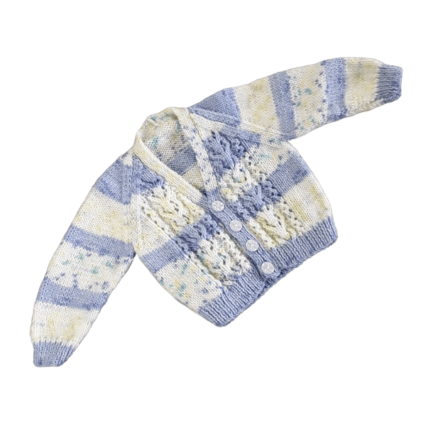 Hand Knitted Baby Cardigan, Blue and Cream V-Neck, 6-12 Months