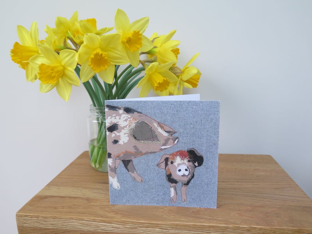 Pig & piglet card, printed on recycled card, blank