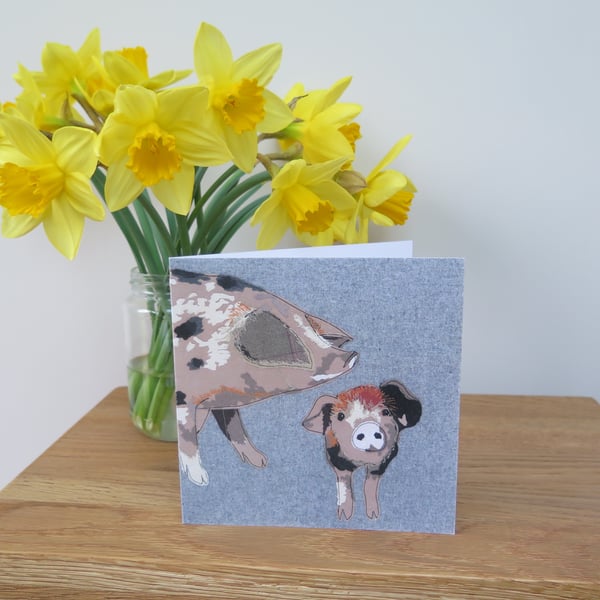 Pig & piglet card, printed on recycled card, blank