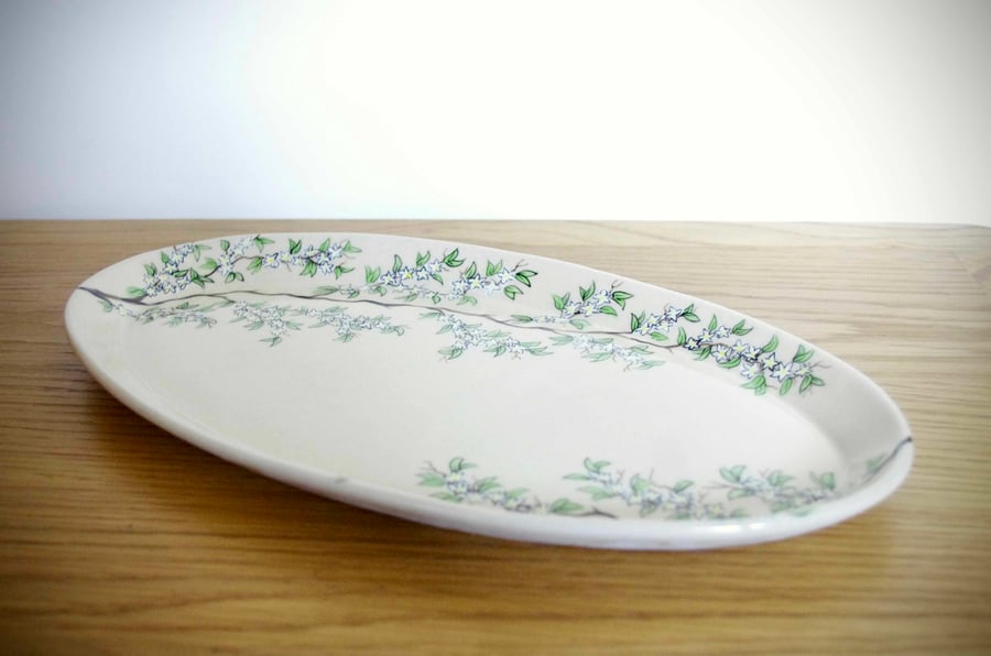 Large Oval Dish - White Cherry Blossom, Branch