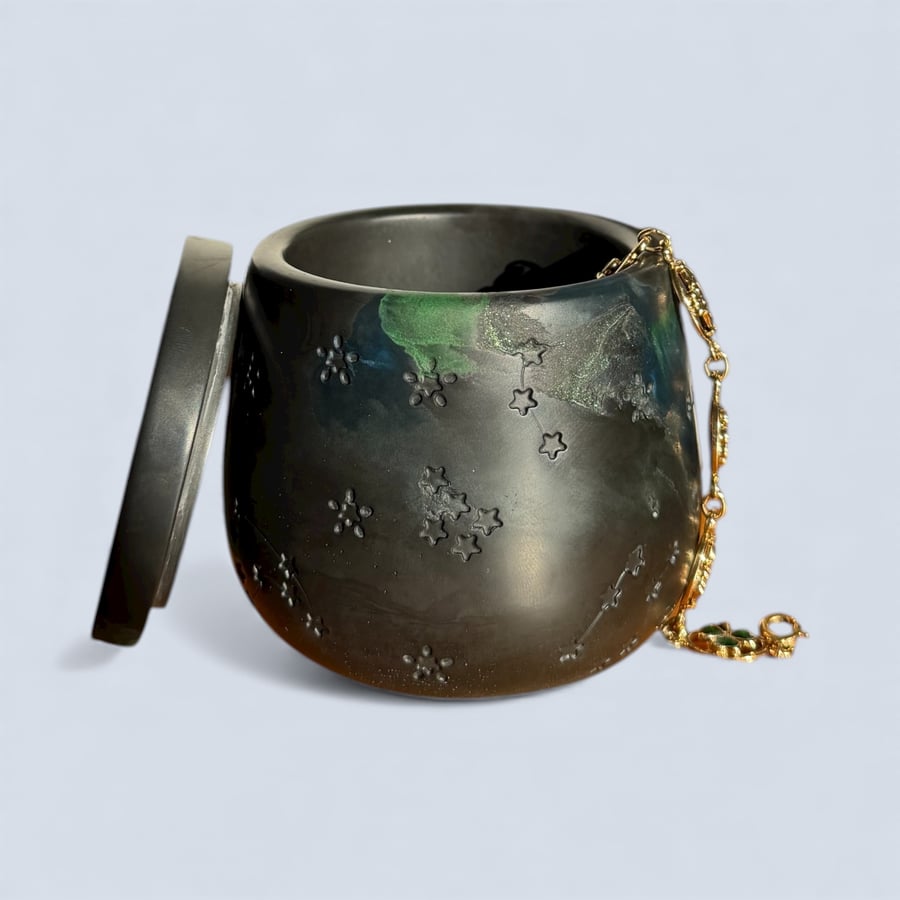 Northern Lights Jewellery Box  - Black with Green Marbling Constellation Pot