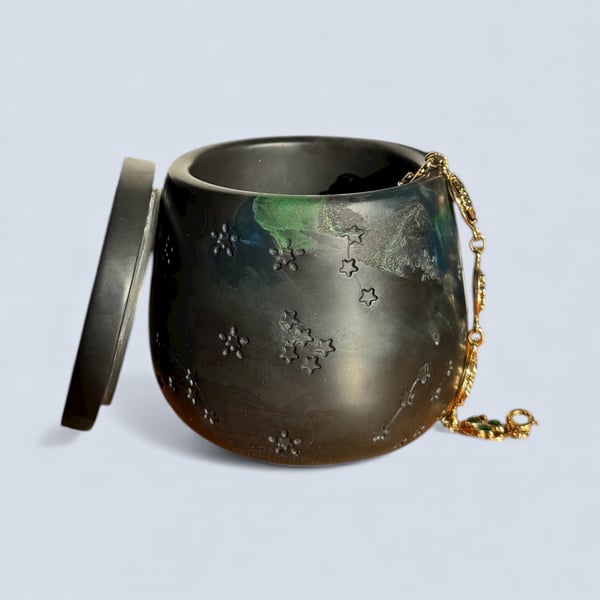 Northern Lights Jewellery Box  - Black with Green Marbling Constellation Pot