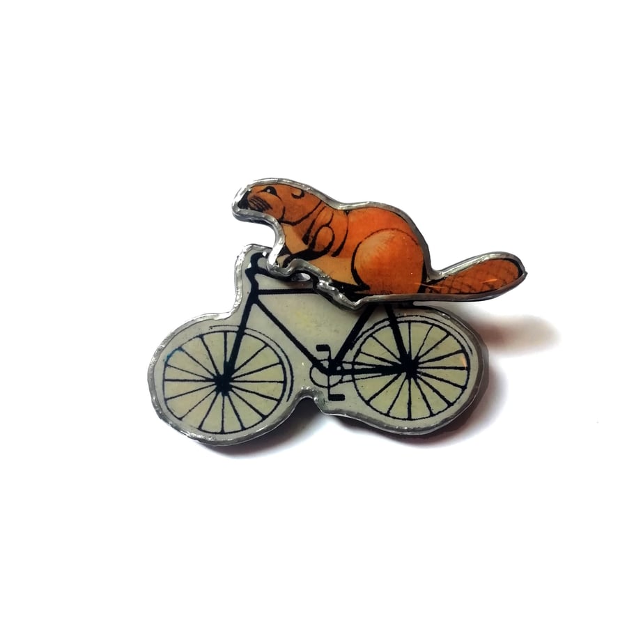 Large Statement Whimsical Resin Beaver on a Bicycle Brooch by EllyMental