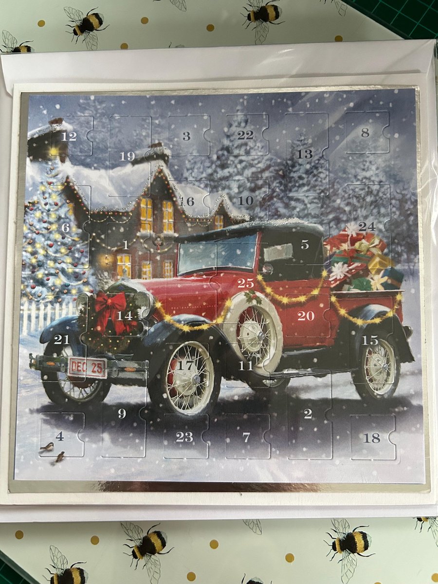 Vintage car Advent Calendar Card Handmade 7 inch square card, traditional countd