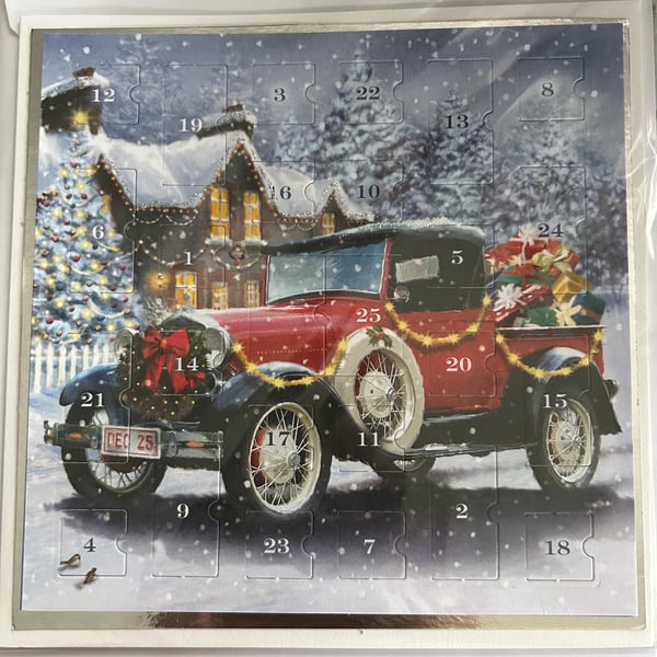 Vintage car Advent Calendar Card Handmade 7 inch square card, traditional countd