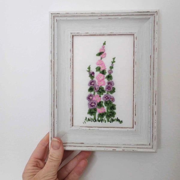 Embroidered Art - Hollyhocks,  framed or unframed