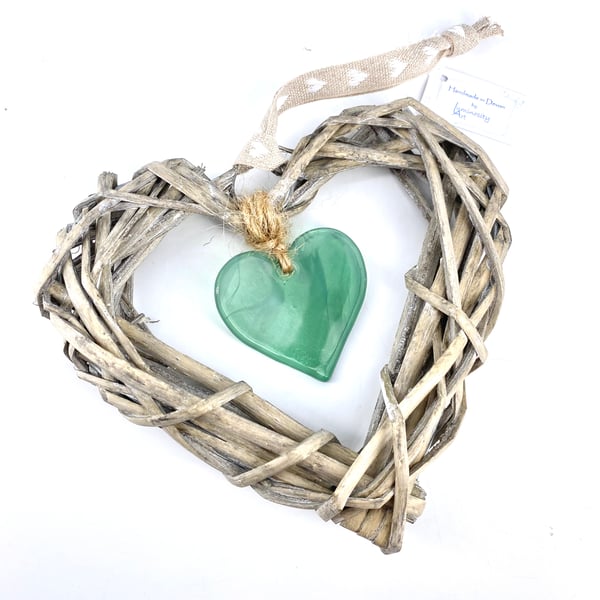 Fused Glass & Wicker Hanging Heart -  Wispy Green