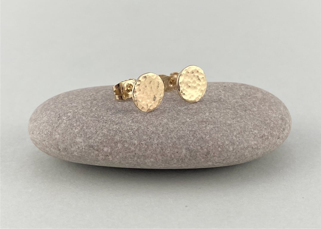 9ct Solid Gold Hammered Disc Stud Earrings, Ethical Recycled Gold Earrings