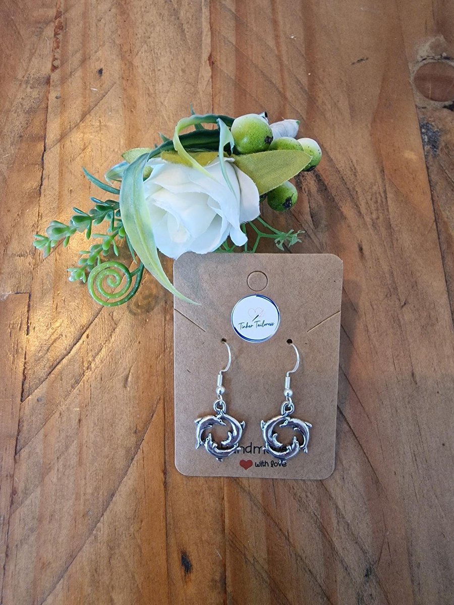 Antique Silver Toned Swimming Dolphin Circle Drop Earrings