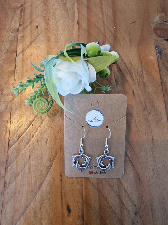 Antique Silver Toned Swimming Dolphin Circle Drop Earrings
