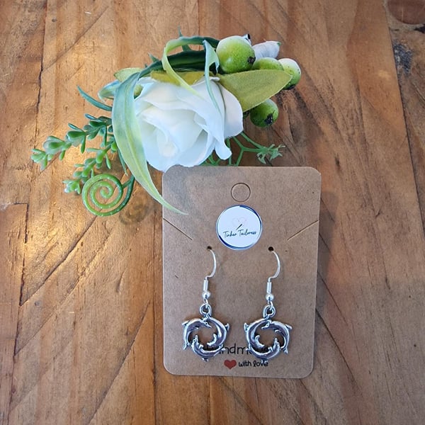 Antique Silver Toned Swimming Dolphin Circle Drop Earrings