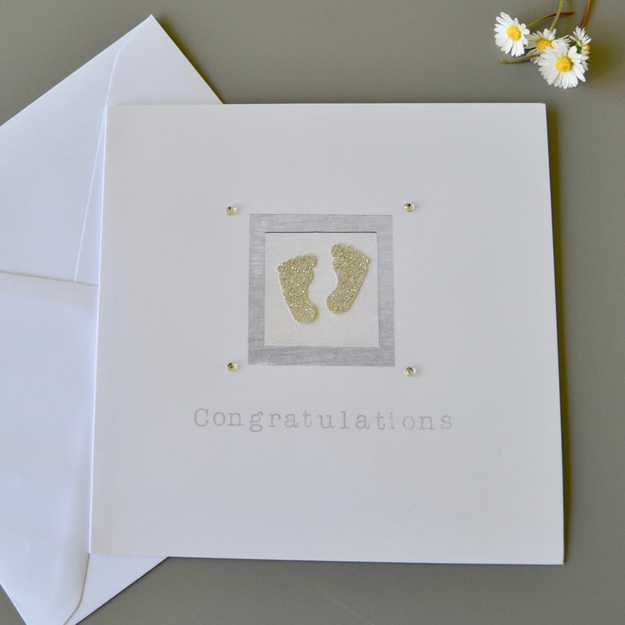 Baby or Pregnancy Congratulations Card with 3D silver baby feet and diamantes
