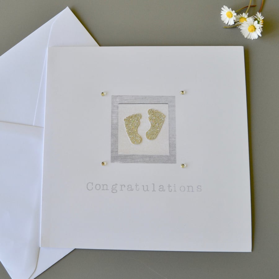 Baby or Pregnancy Congratulations Card with 3D silver baby feet and diamante 