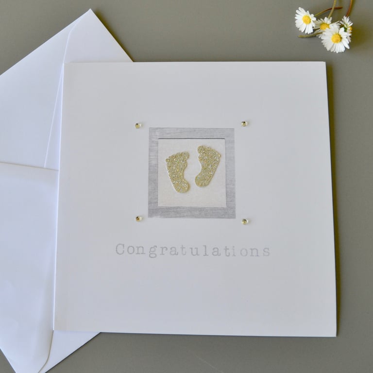 Baby or Pregnancy Congratulations Card with 3D silver baby feet and diamante 