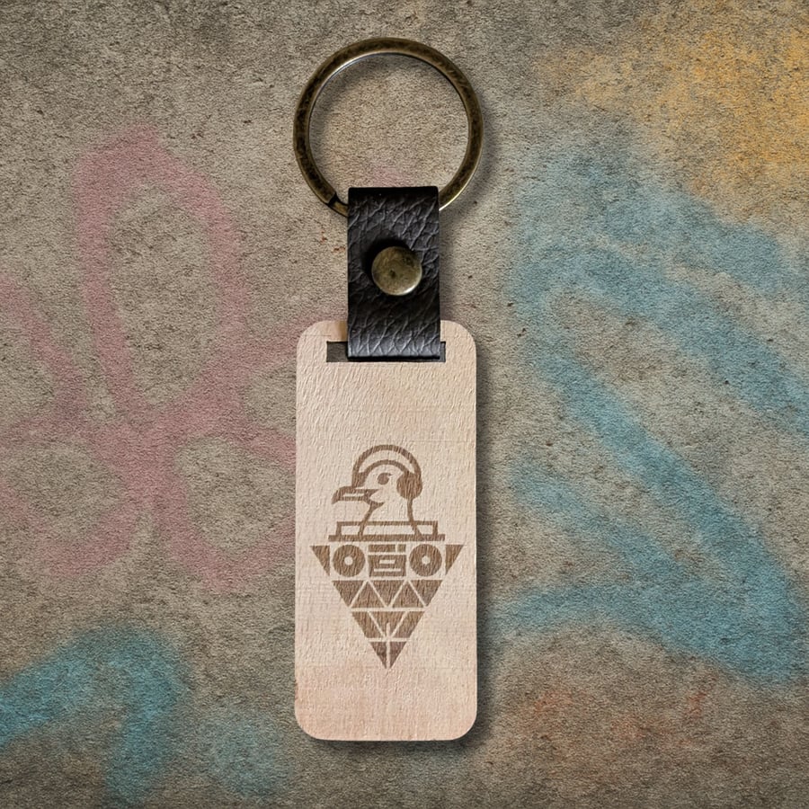 Geometric Seagull with Boombox Wooden Keyring – Walnut, PU Leather & Zinc Alloy