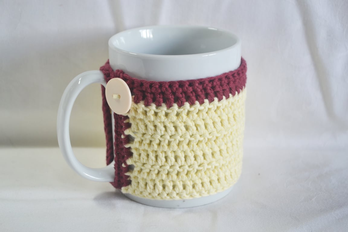 Crochet Mug Cosy Mug Wrap Mug Hug Maroon Yellow 100% Cotton Hygge OOAK Ver. 30
