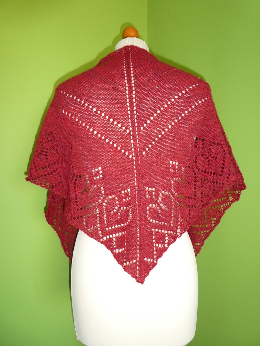 Red Heart Shawl Triangular Scarf  in 4ply Wool