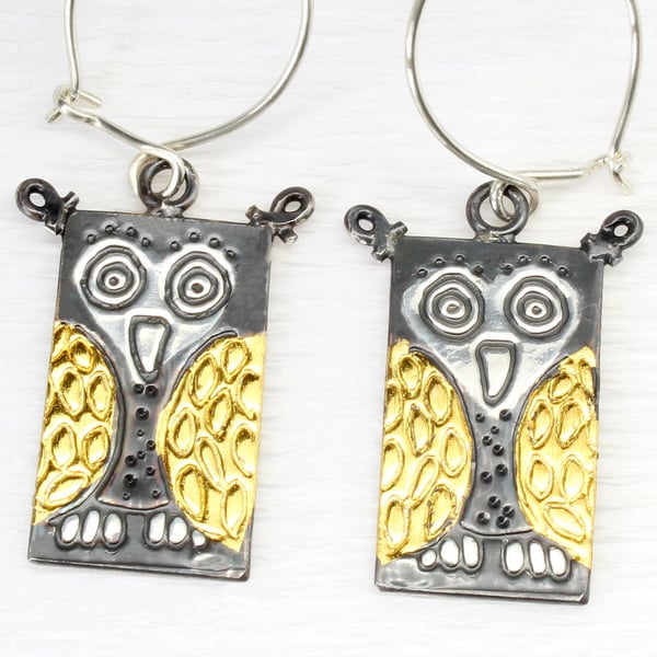 Owl Earrings, bird earrings, animal earrings, gold and silver earrings, keum boo